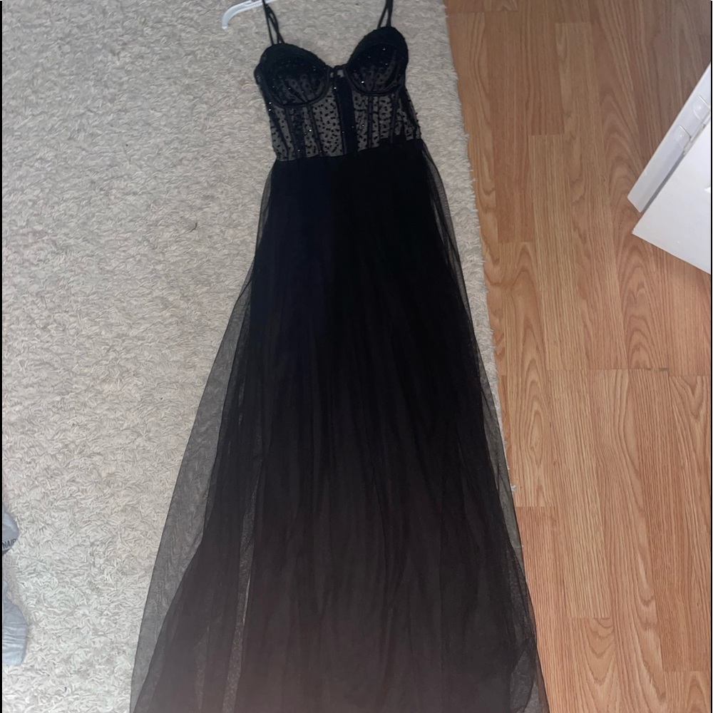 black corset sparkled dress with leg slit